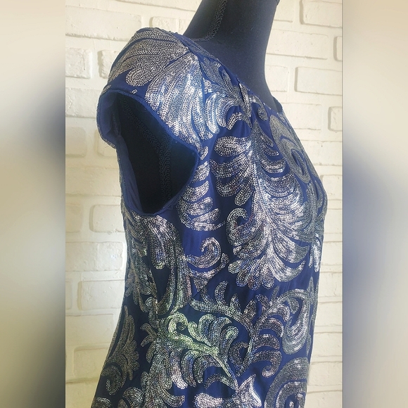 Adrianna Papell Sequin Chiffon Cocktail Dress Cap Sleeve Blue Silver Size 8 - Picture 7 of 16